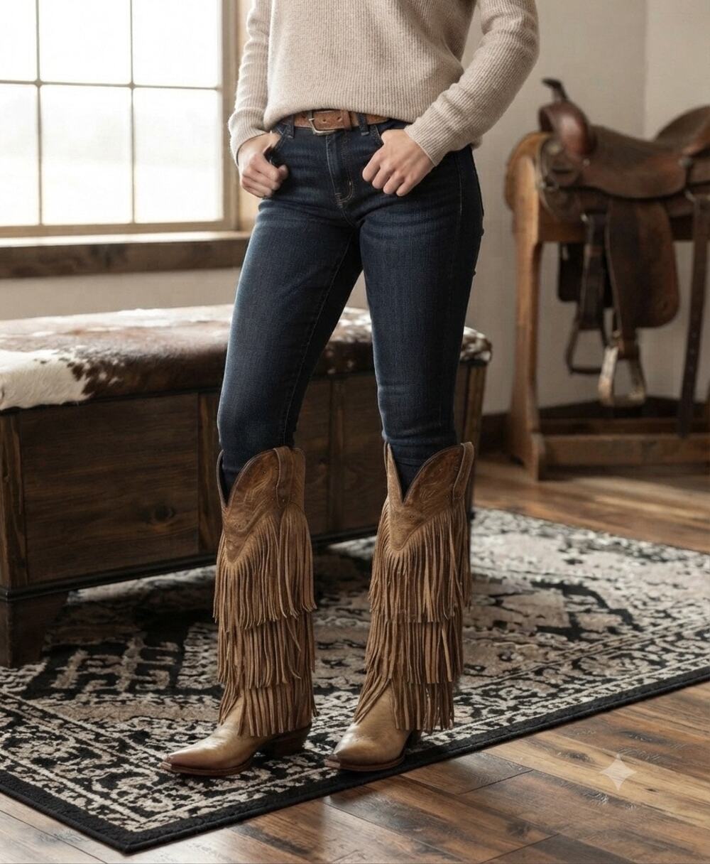 New Rockem talk snip toe fringe leather cowboy western boots sz 6.5 - Picture 1 of 4